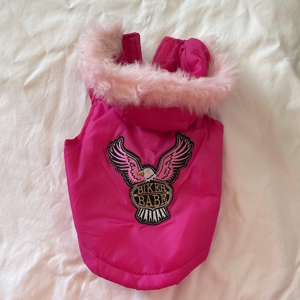 Pink Biker Babe dog hoodie with fur coat costume S or XS